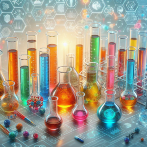 Beakers, test tubes, and flasks filled with different colored liquids to signify the various contrast agents used in preclinical testing.